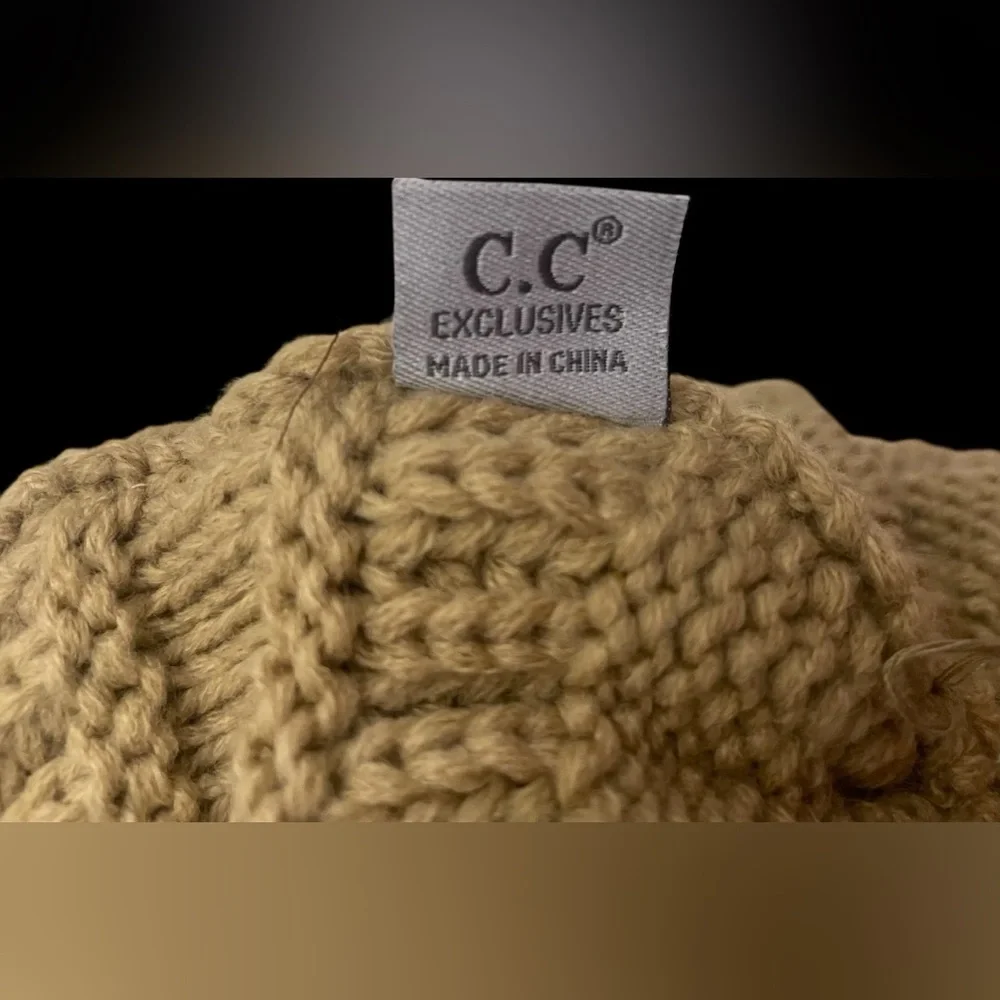 CC-Cozy Tan Knit Beanie with Faux Fur Pom - Picture 6 of 7